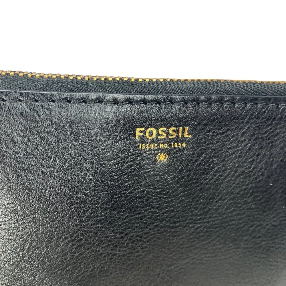 Fossil Black Cow Hide Leather Zip Top Wristlet‎ Strap Wallet Pouch 6.5
